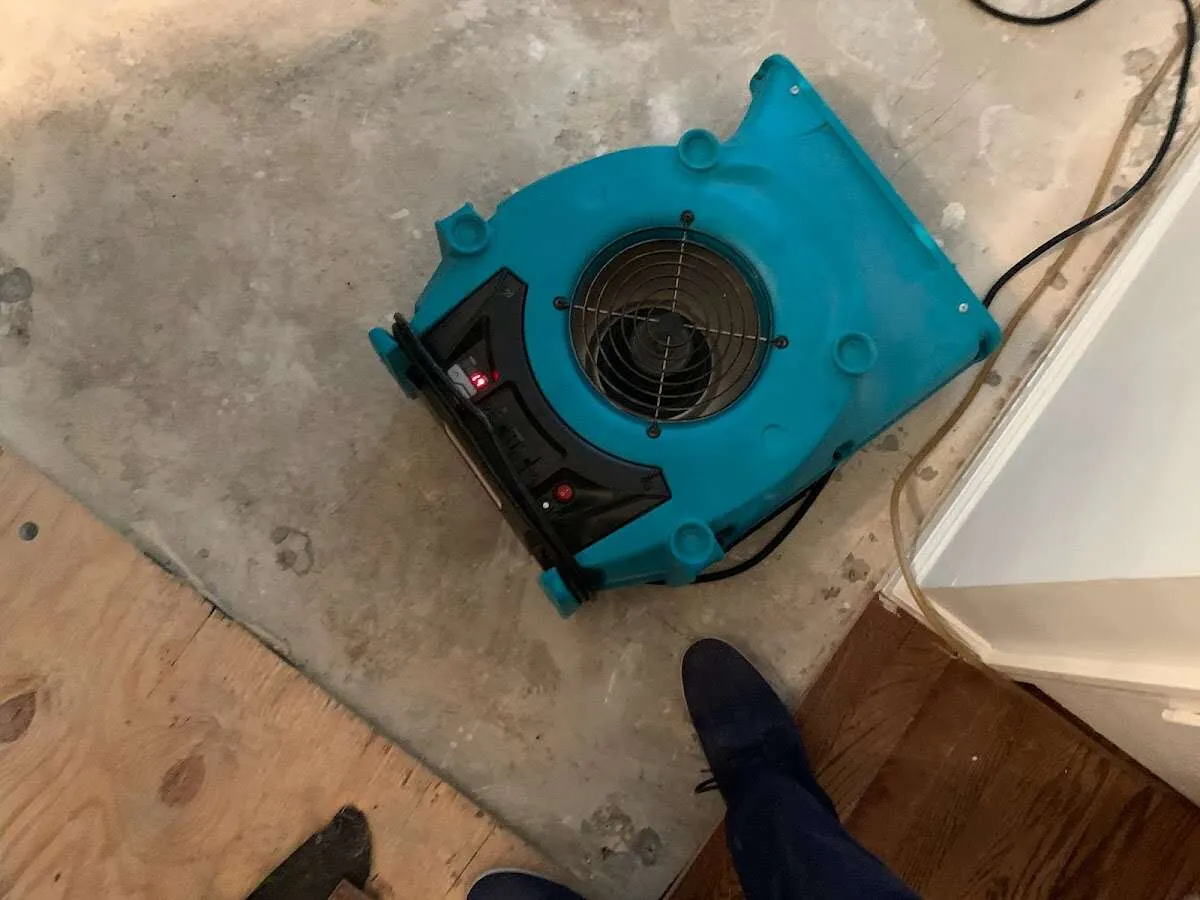 Air mover drying subfloor during Leak Detection & Repair in Marshall